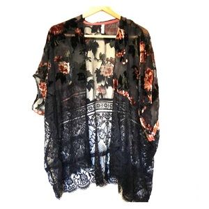 Sheer Black Kimono with Floral Burnout and Lace
